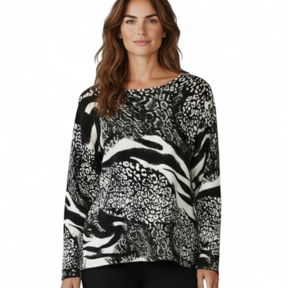 Pierri New York Black and White Animal Print Beaded Sequin Sweater Womens 2X